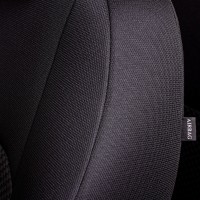 Авточехлы «Lord Auto Дублин Жаккард» Volkswagen Polo Vl с 02.2020 г.в., раздельная задняя спинка, с подлокотником (AW, лифтбек, чёрный/стежок серый)